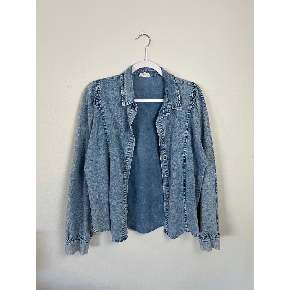 Aaron & Amber Chambray Denim Button Down Shirt Puff Sleeve Lightweight Medium - Picture 5 of 6